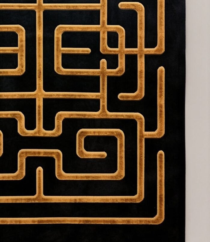 Modern abstract hand-tufted green and yellow wool rug with geometric design for elegant home décor.