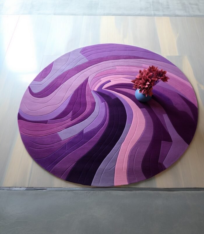 Round abstract purple wool rug with sculpted swirl patterns in shades of violet and mauve