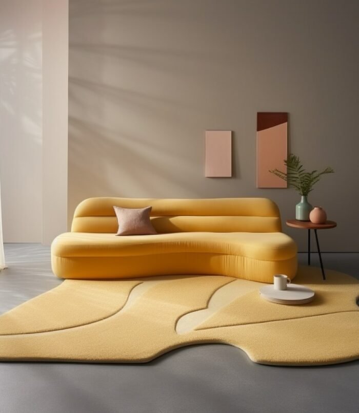 Sculptural yellow wool rug with abstract carved curves placed in a modern living room with matching yellow sofa
